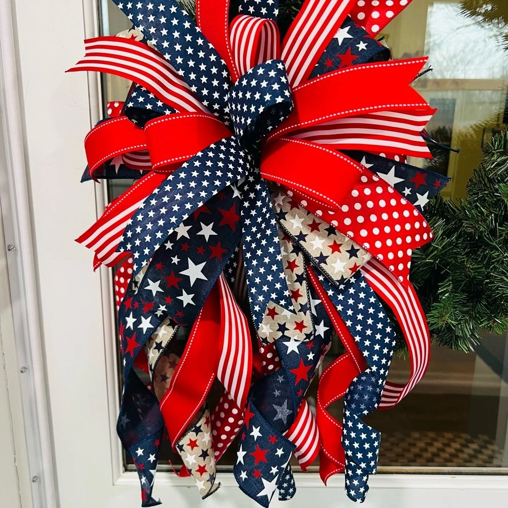XL Patriotic Red, Navy & White Ribbon Bow Wreath Accent Handmade